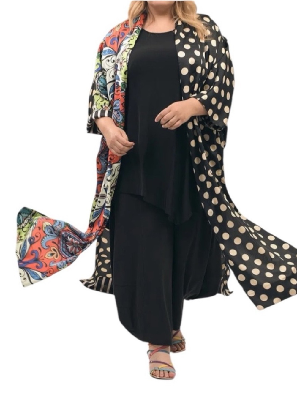 Alembika Paisley Dot Long Kimono Jacket Mixed Print Size 1X NWT